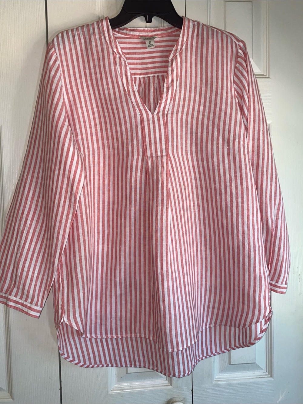 L.L. Bean Pink and White Striped V-Neck Tunic Top